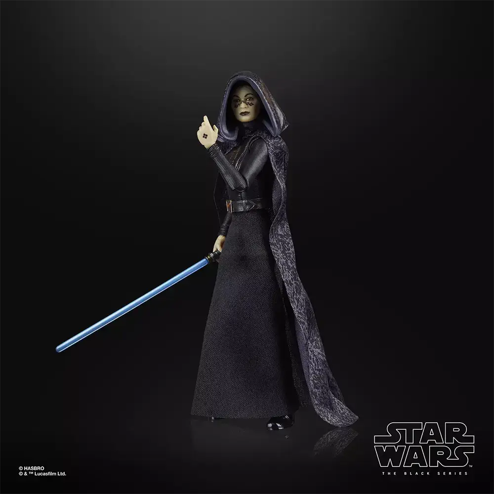 Hasbro Star Wars The Black Series Barriss Offee with lit light saber at her side.