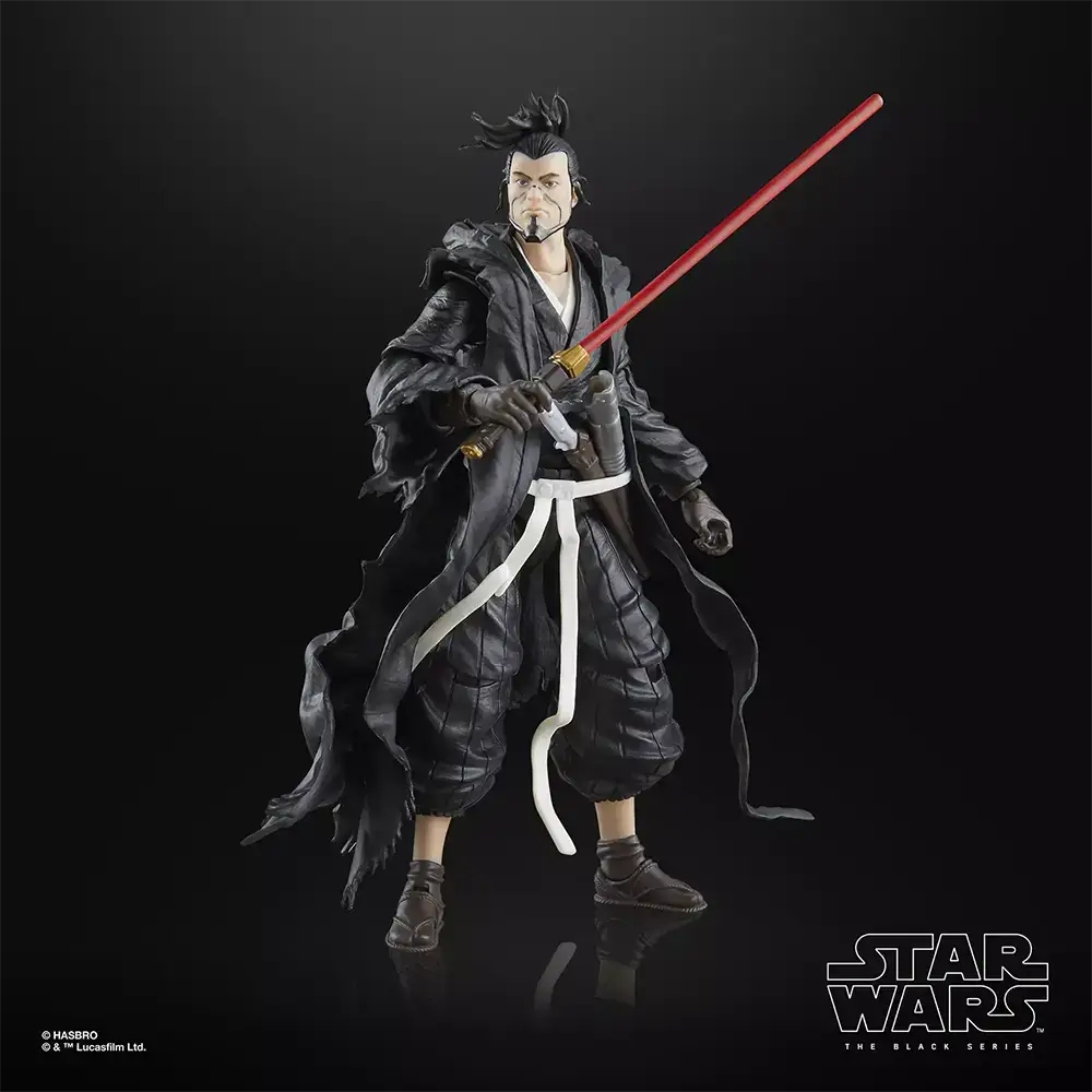 Hasbro Star Wars The Black Series The Ronin with lit light saber in right hand.